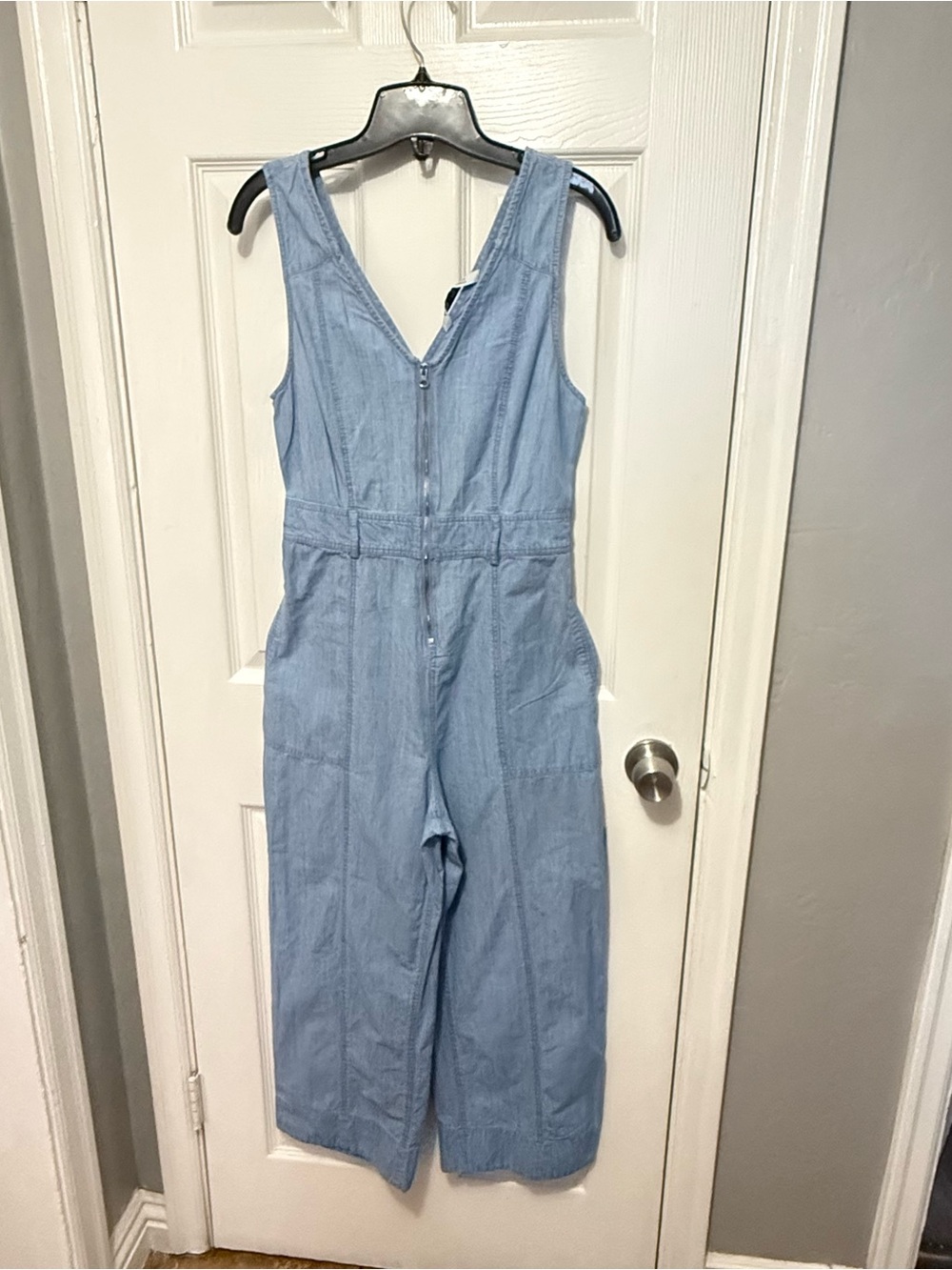 Zara Light Blue Denim Sleeveless Jumpsuit with Front Zip